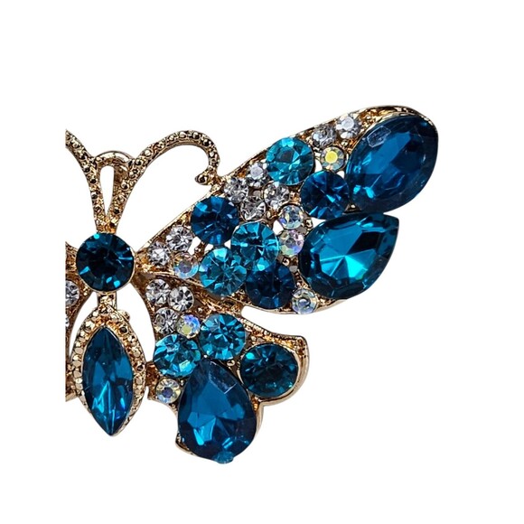 Vintage Style Blue Rhinestone Butterfly Brooch Pin Gold Tone Costume Jewelry - Picture 4 of 5